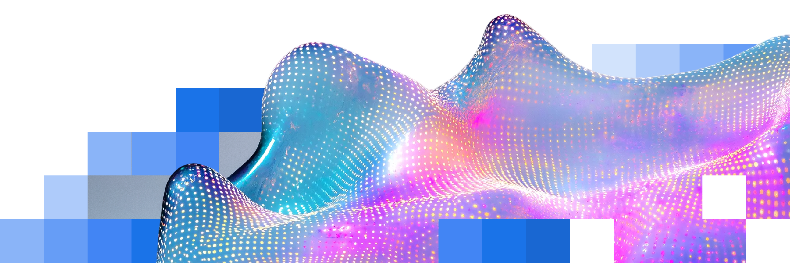 AI-generated image of an organic, wavy form in blue, pink, and purple. It is surrounded by small blue squares in a gradient from dark to light.