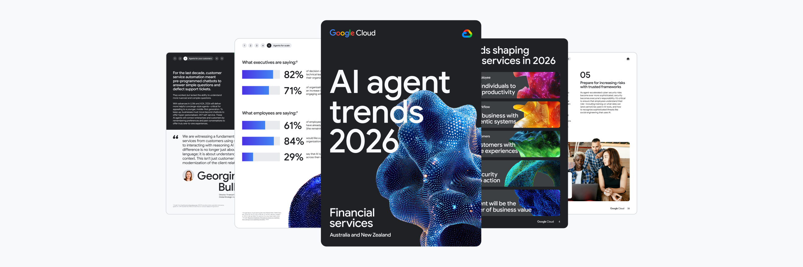 A promotional graphic showcasing a Google Cloud report titled "AI agent trends 2026: Financial services, Australia and New Zealand." The main report cover is displayed in the center, by several overlapping interior pages showing data charts, trends and team photo.