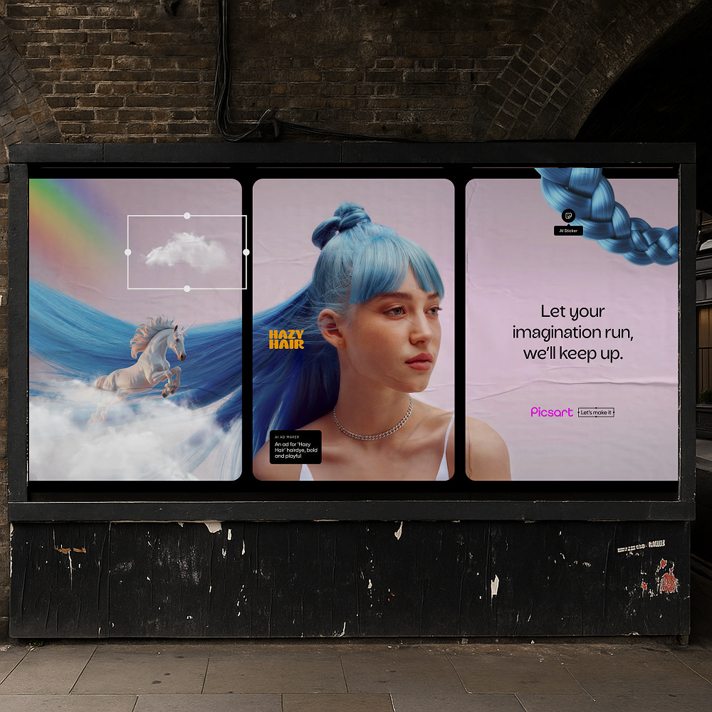 A three-panel Picsart brand advertisement featuring surreal digital art and a woman with blue hair