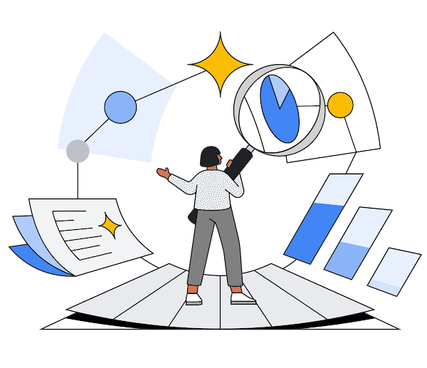 虫メガネを持ってデータを見ている女性