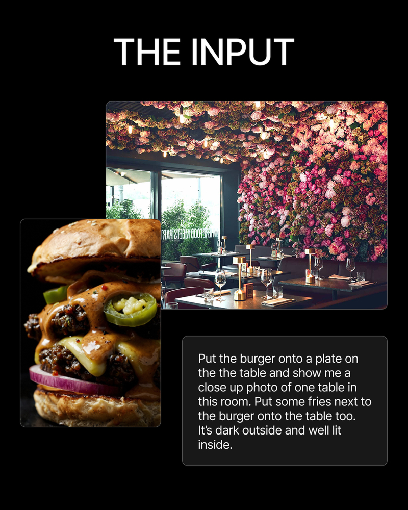 AI image prompt example with burger and interior photos