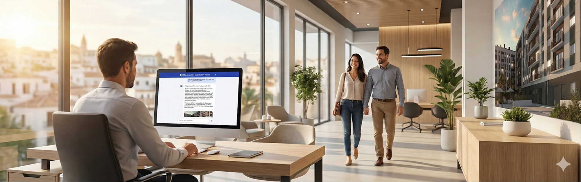 Man at desk works while a couple walks through sunny office