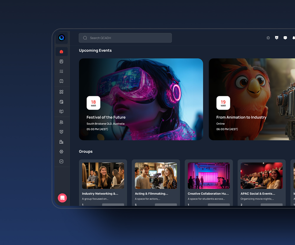 A user interface organized into sections: "Upcoming events" and "Groups"