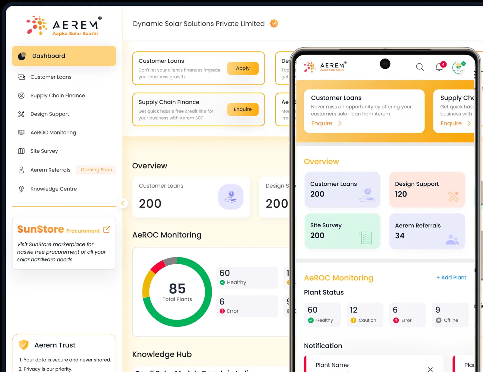 Aerem solar dashboard on desktop and mobile screens
