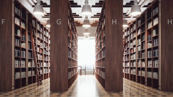 bookcases filled with books and labeled F, G, H