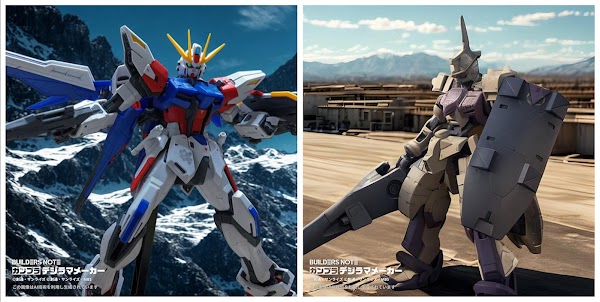 生成AIによって生成された背景とガンプラの写真を組み合わせたもの