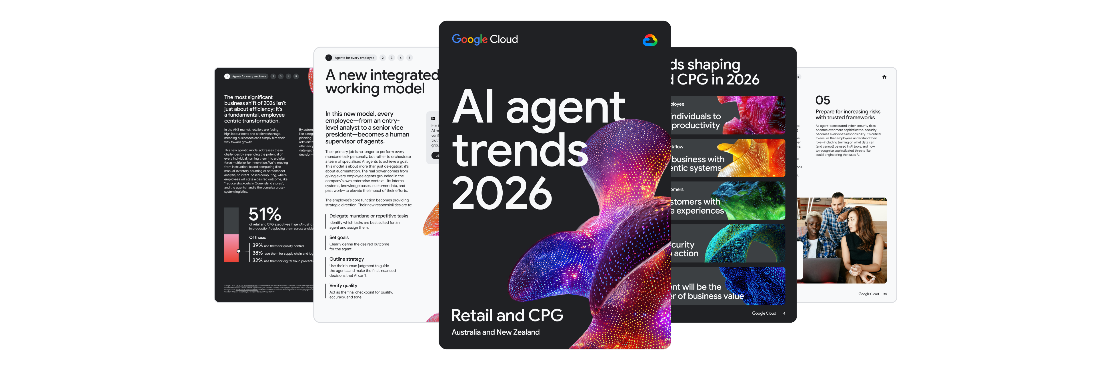 Google AI agent trends 2026" report cover and sample pages.