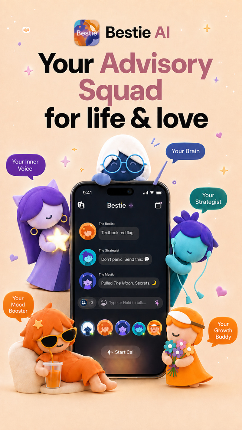 A group of clay-style characters surround a phone displaying Bestie AI, "Your Advisory Squad for life and love"