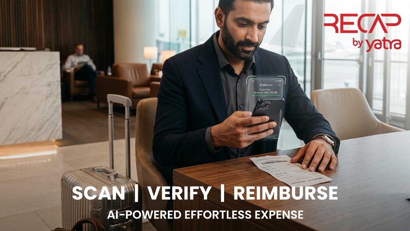 A man scans a receipt with his phone for "RECAP by yatra"
