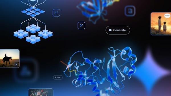 collage of geometric shapes, product icons, and images with people and a horse