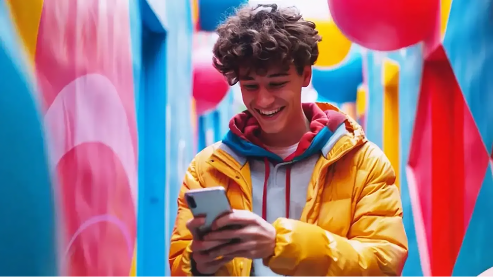 Smiling young man with curly hair in a yellow puffer jacket walks through a vibrant, colorful alley while using his phone