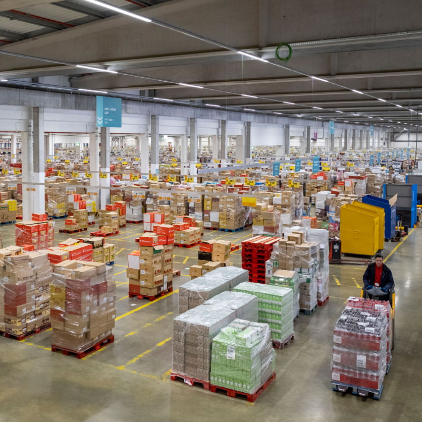 Large, well-lit MC warehouse with many pallets of boxes