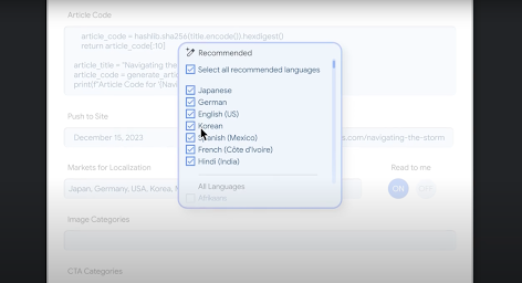 さまざまな言語にチェックマークを付けるよう求める生成 AI の使用画面