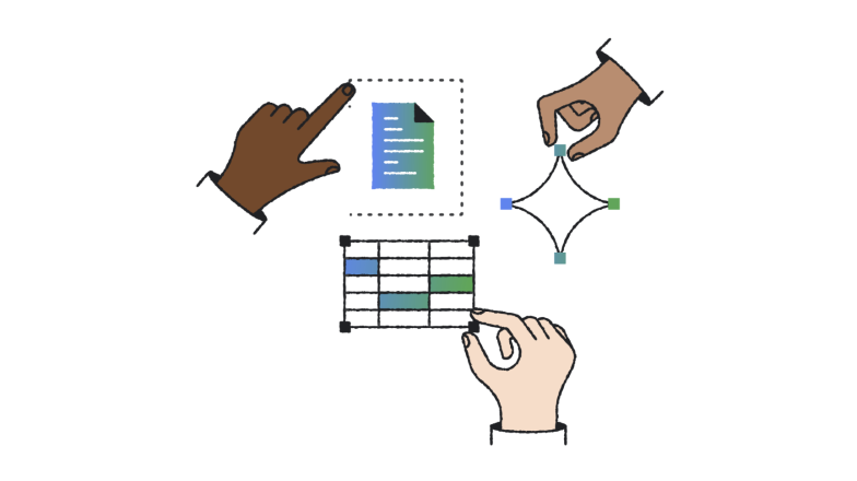 three hands working together with Gemini, Google Docs, and charts