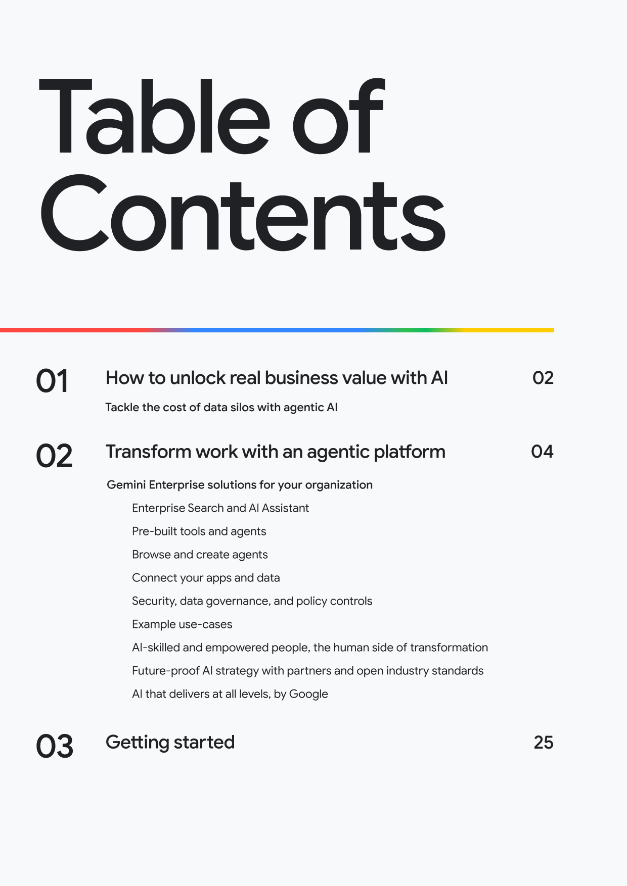 Table of Contents 01 How to unlock real business value with Al Tackle the cost of data silos with agentic Al 02 02 Transform work with an agentic platform 04 Gemini Enterprise solutions for your organization Enterprise Search and Al Assistant Pre-built tools and agents Browse and create agents Connect your apps and data Security, data governance, and policy controls Example use-cases Al-skilled and empowered people, the human side of transformation Future-proof Al strategy with partners and open industry standards Al that delivers at all levels, by Google 03 Getting started 25