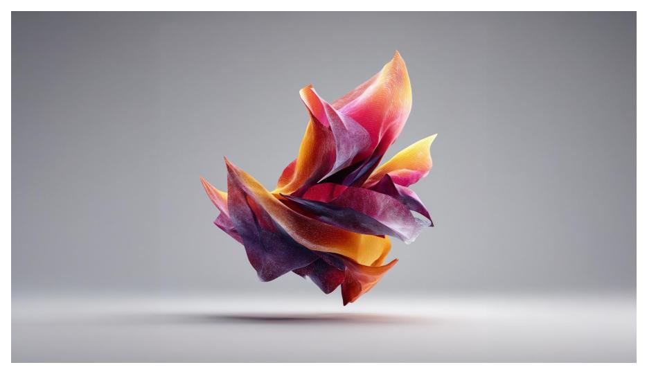 An abstract floating flamelike object with red, purple and orange colors