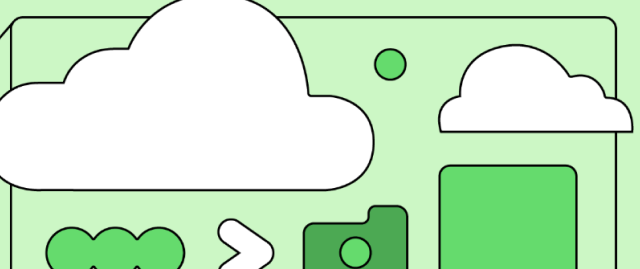 Cloud, camera, and other imagery on a green background