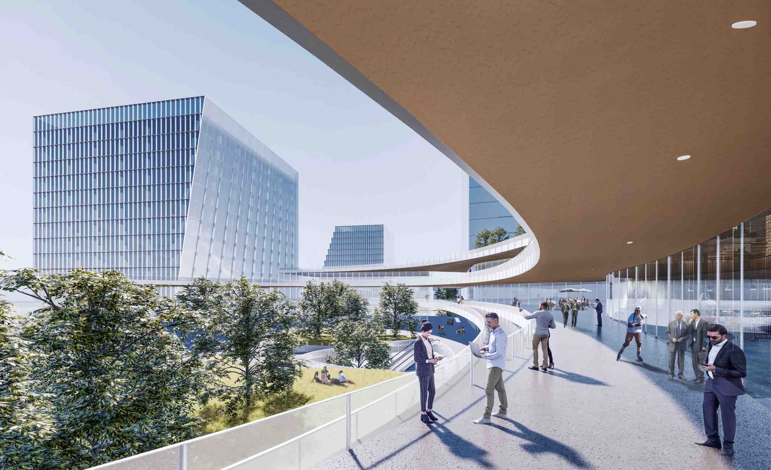 Digital rendering of a modern architectural campus 