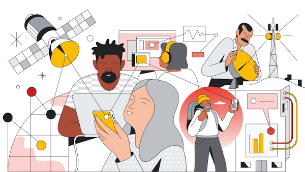 五個人正在操作衛星和電信設備