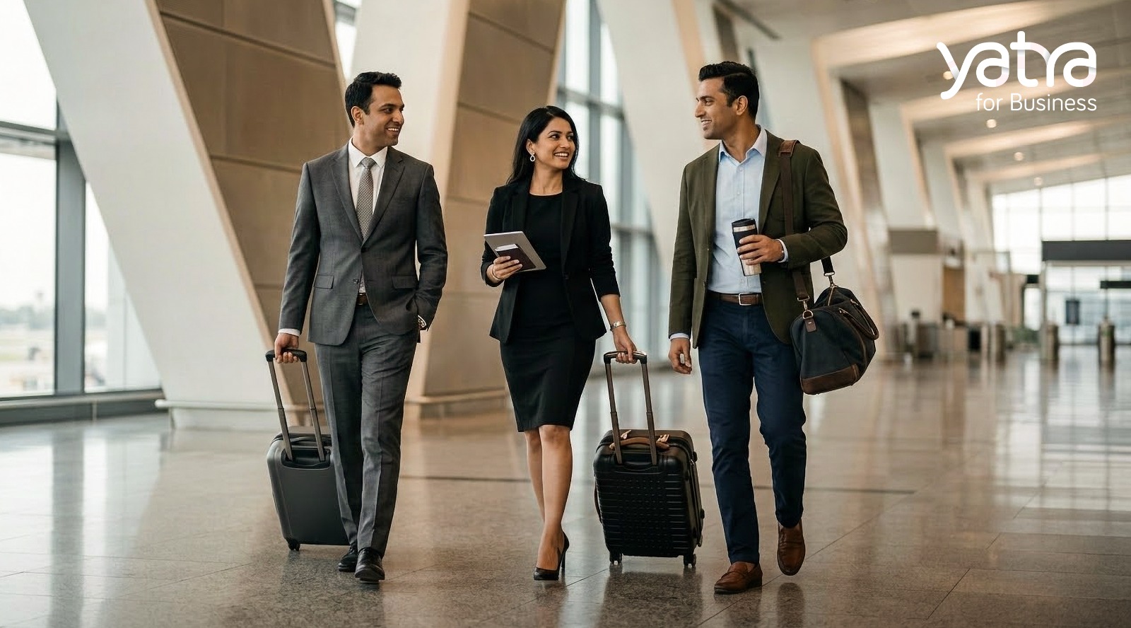 Three business travelers walking in an airport with luggage