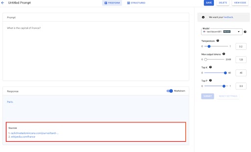 Generative AI UI in Vertex 