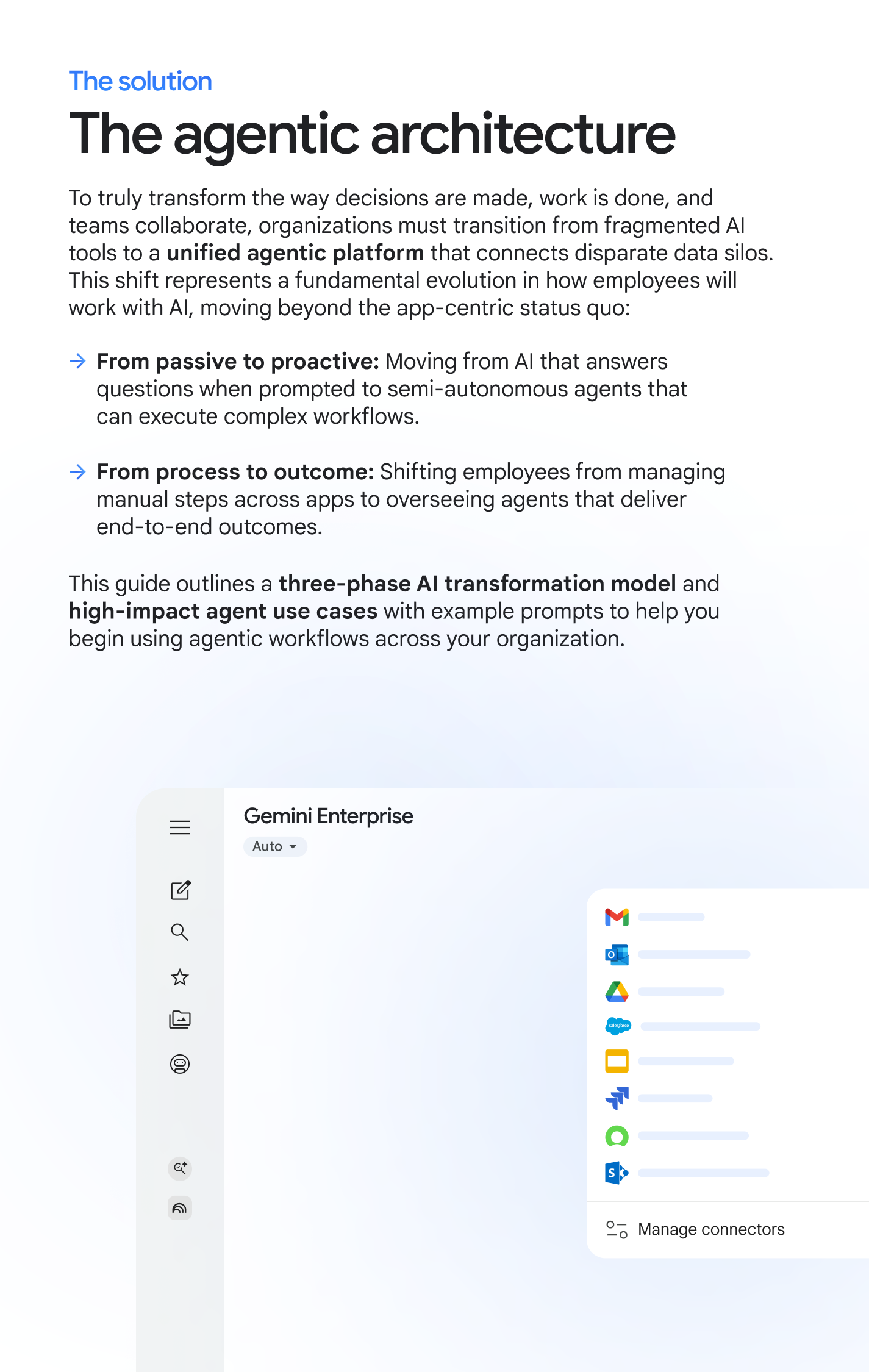 The solution: The agentic architecture. To truly transform the way decisions are made, work is done, and teams collaborate, organizations must transition from fragmented AI tools to a unified agentic platform that connects disparate data silos. This shift represents a fundamental evolution in how employees will work with AI, moving beyond the app-centric status quo: From passive to proactive: Moving from AI that answers questions when prompted to semi-autonomous agents that can execute complex workflows. From process to outcome: Shifting employees from managing manual steps across apps to overseeing agents that deliver end-to-end outcomes. This guide outlines a three-phase AI transformation model and high-impact agent use cases with example prompts to help you begin using agentic workflows across your organization.