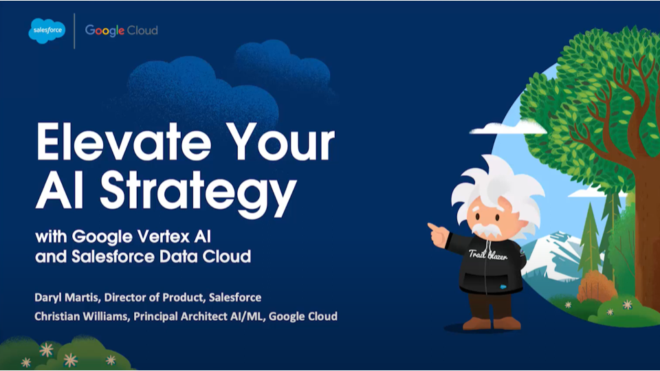 「Elevate Your AI Strategy」という言葉と、森を背景に描かれたアインシュタインのイラストが描かれた画像