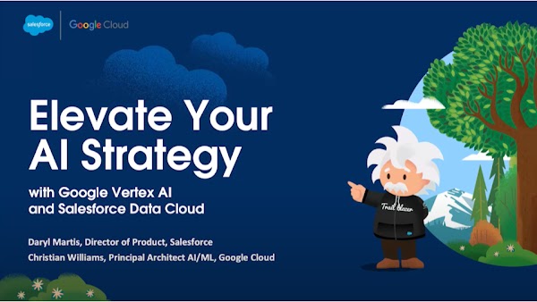 Image avec les mots "Améliorez votre stratégie d'IA" et un dessin animé d'Einstein devant un paysage forestier