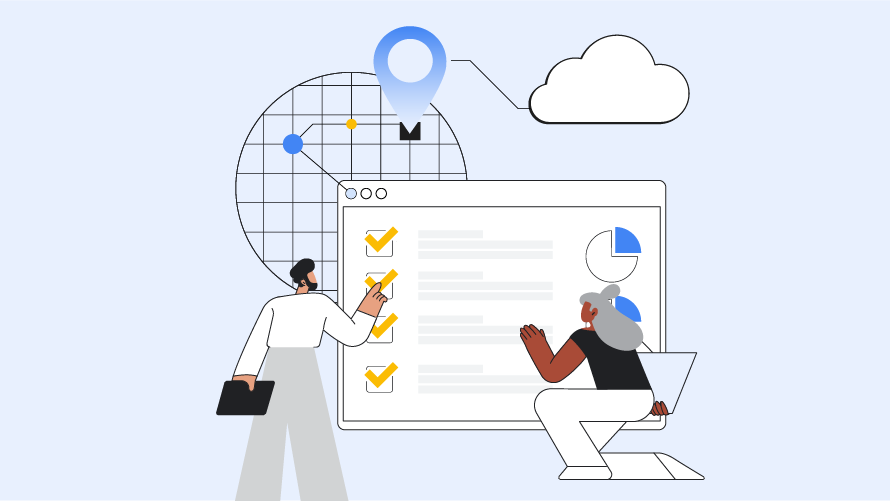 一个由图表和两个看着图表的人组成的动画图片，背景中有一朵云