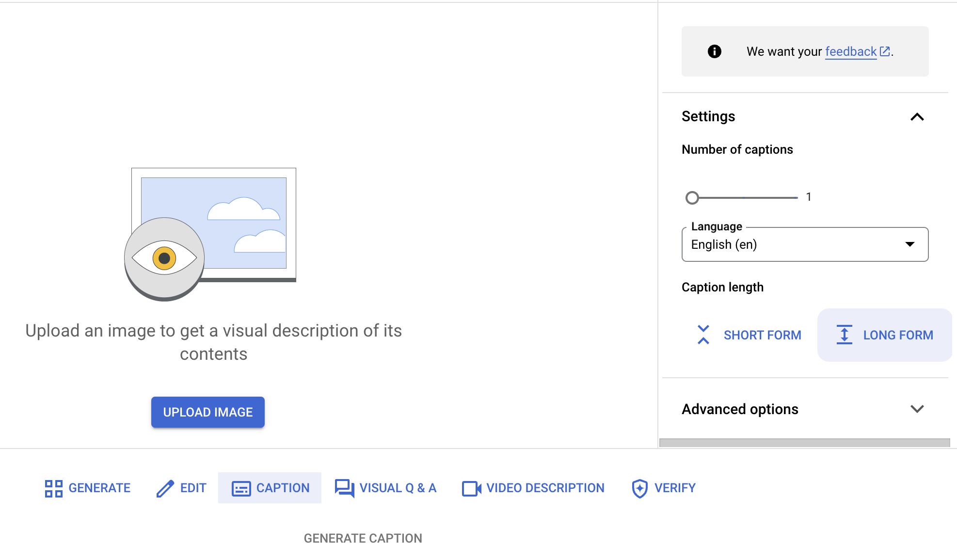 Image caption product UI