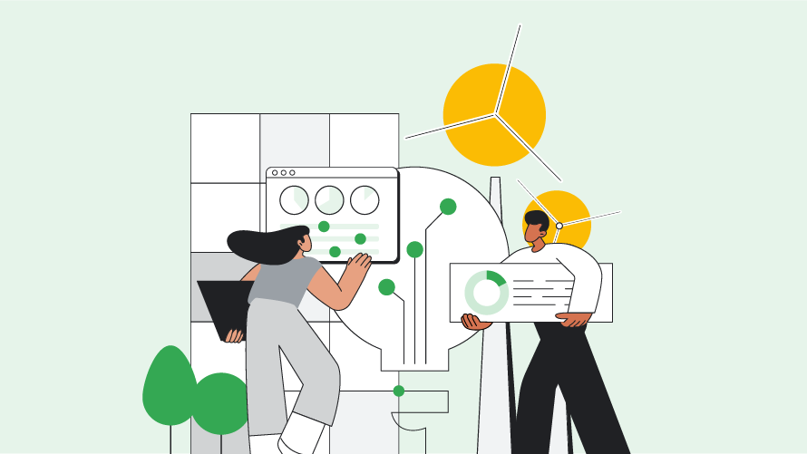 animated image of two people looking at graphs, and a yellow graph circle behind them.