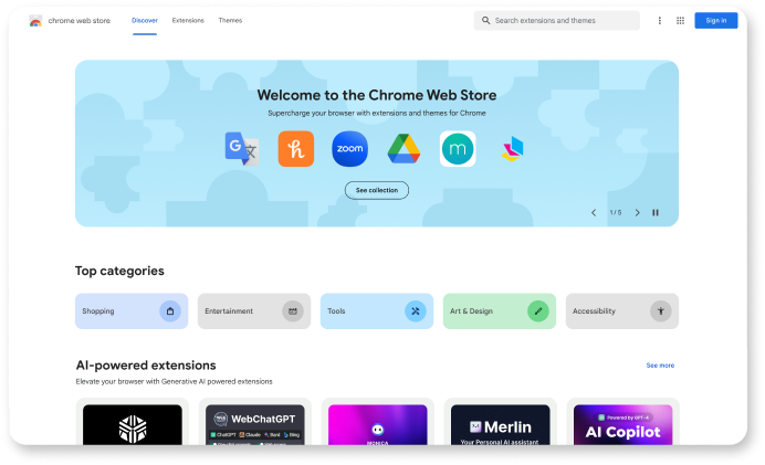 Chrome Web Store discover page