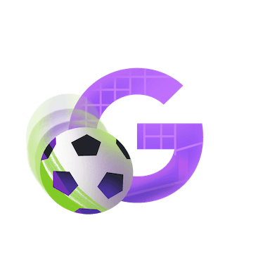 A  purple letter G with goal texture next to a soccer ball