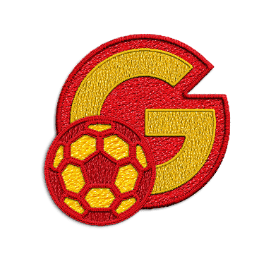 A red and yellow patch of the letter G next to a red and yellow soccer ball