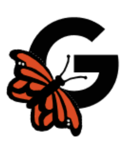 Illustration of the letter G next to an orange Monarch butterfly