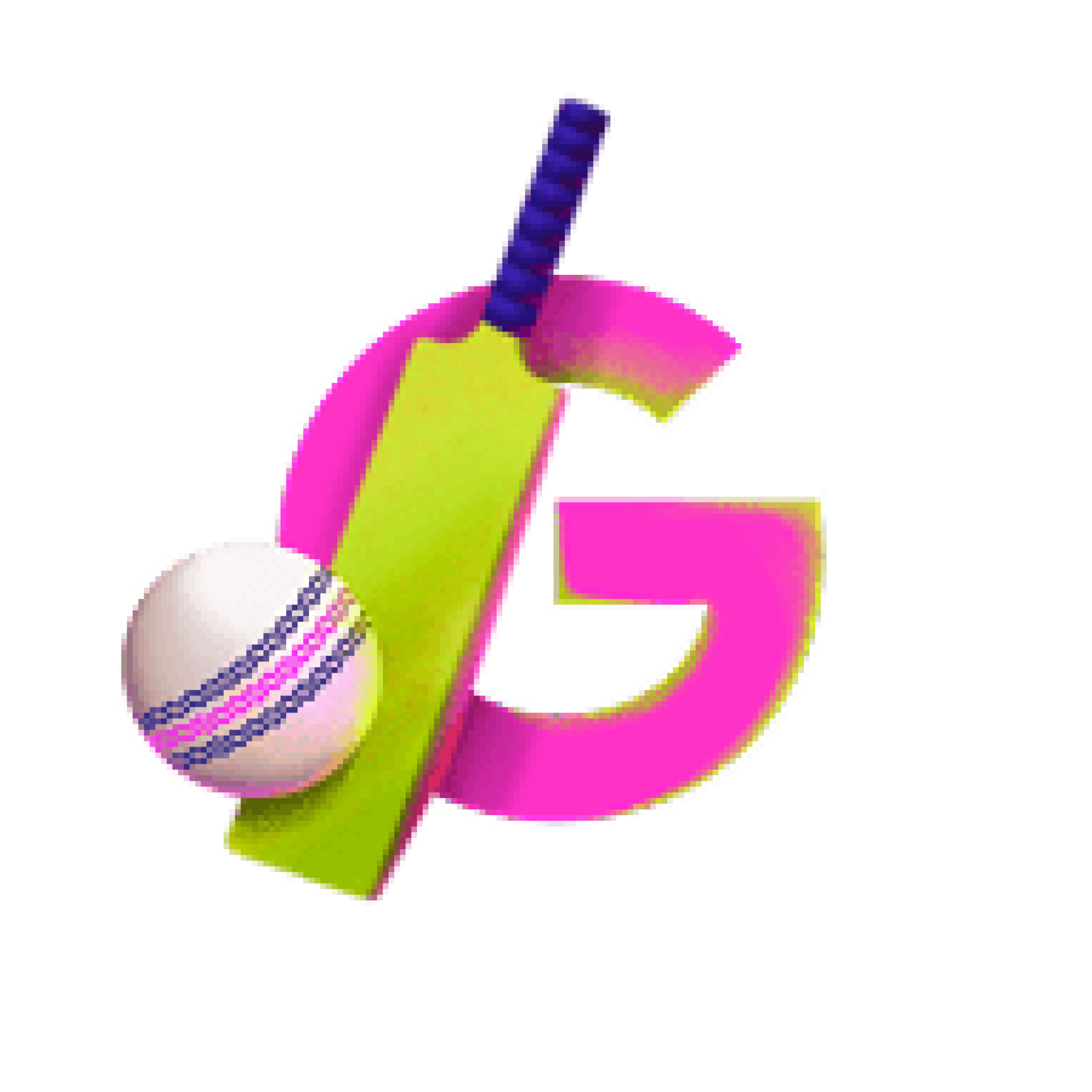 A pink super G with a green cricket bat and white ball with pink and purple stitching 
