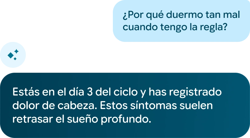 Imagen de una conversación con Google Health Coach en la ofrece consejos sobre los síntomas de la menstruación.