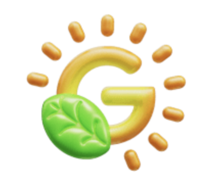 Illustration of the letter G surrounded by sun rays and a green leaf