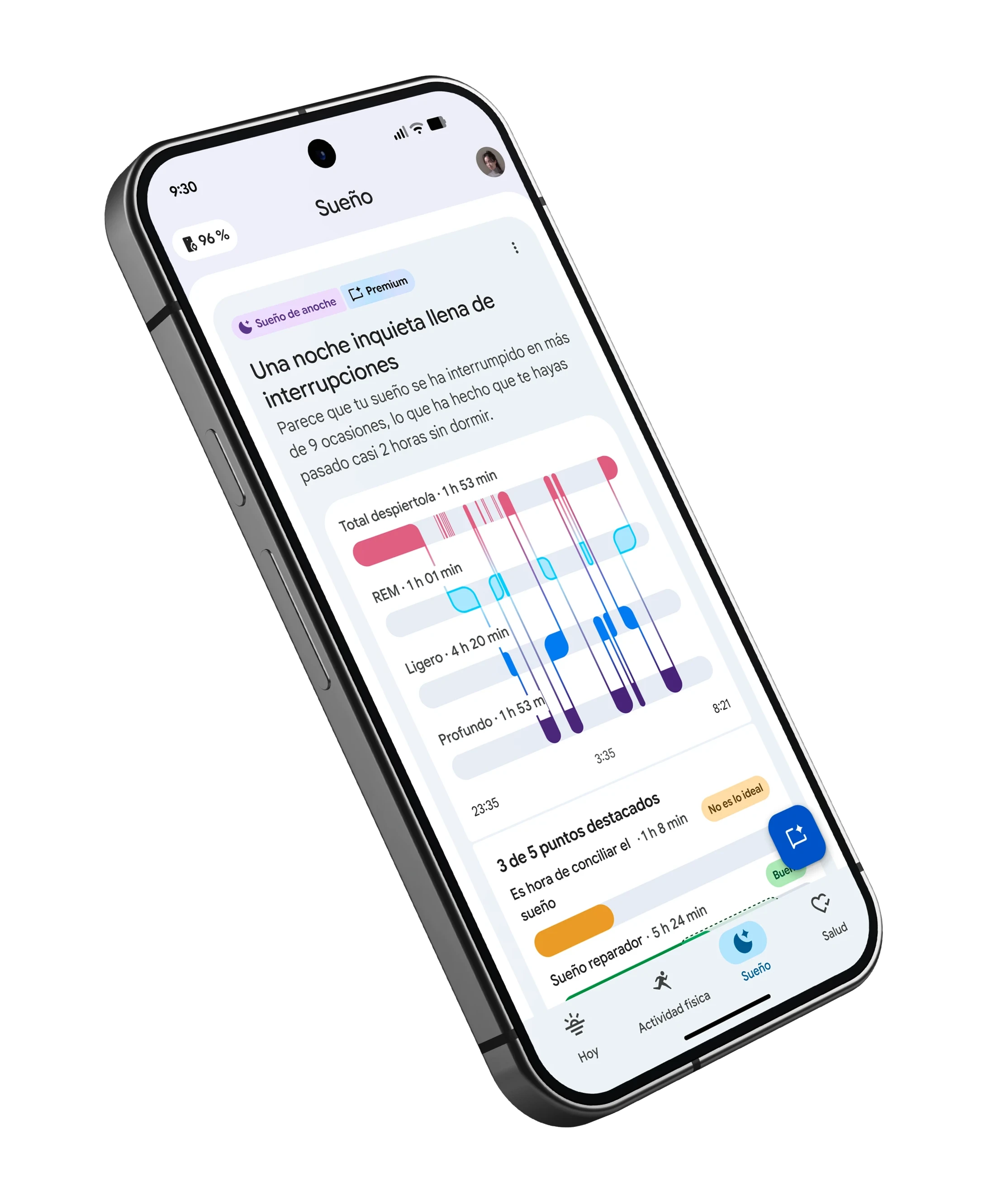 Imagen de los resultados del sueño en la app Google Health.