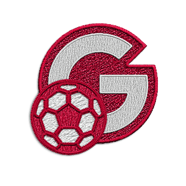 A red and white patch of the letter G next to a red and white soccer ball