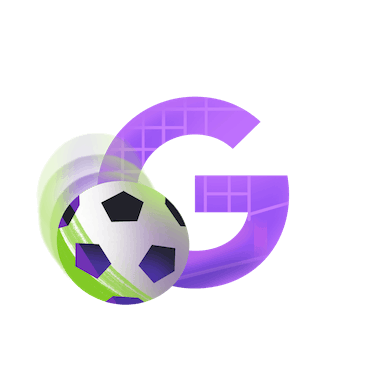 A purple letter G with goal texture next to a soccer ball