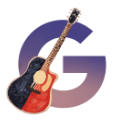 Illustration of the letter G next to a multicolored guitar