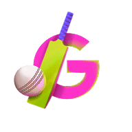 A pink letter G layered under a green cricket bat with a purple handle and a white ball with gray stiching 