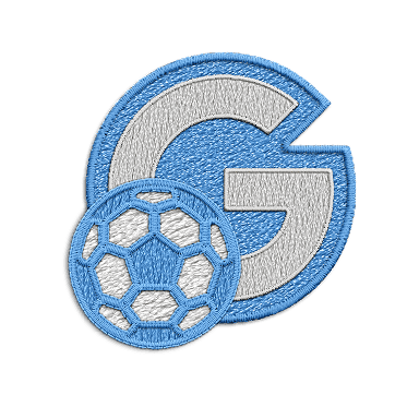 A blue and white patch of the letter G next to a blue and white soccer ball