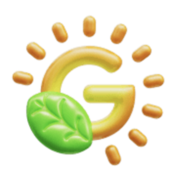 Illustration of the letter G surrounded by sun rays and a green leaf