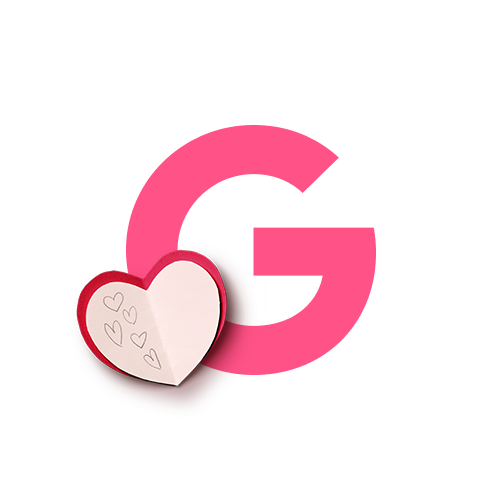 Magenta letter G with red and pink paper heart card