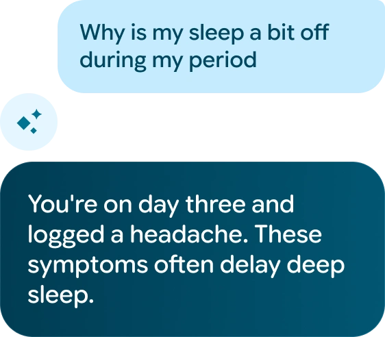 Image of a Google Health Coach conversation giving advice on symptoms during a period.