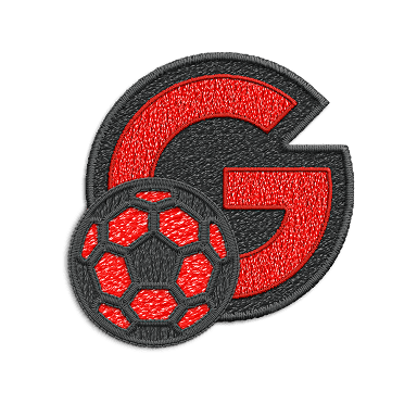 A red and black patch G next to a red and black soccer ball 