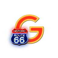 A gradient red and yellow G with a Route 66 sign