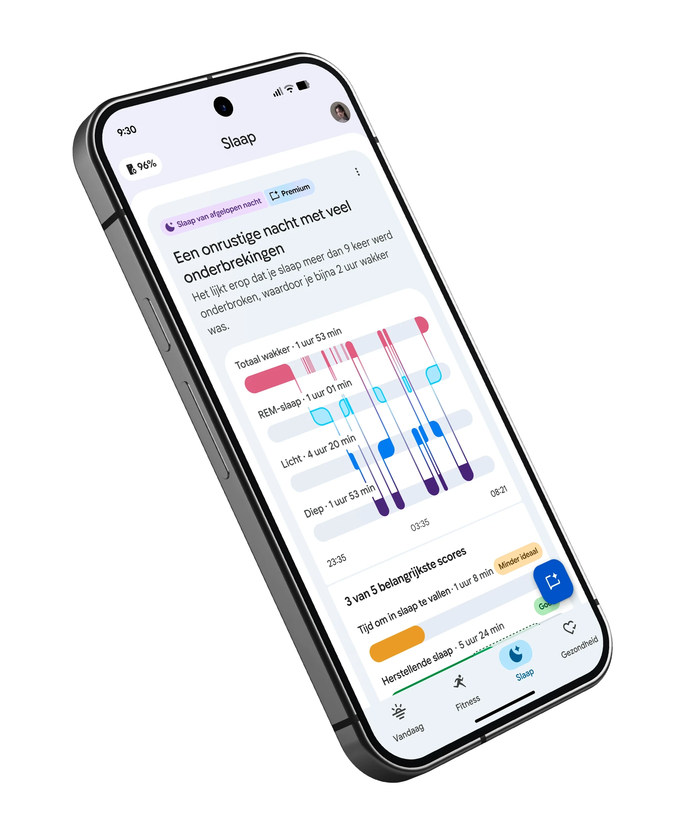 Afbeelding van slaapresultaten in de Google Health-app.